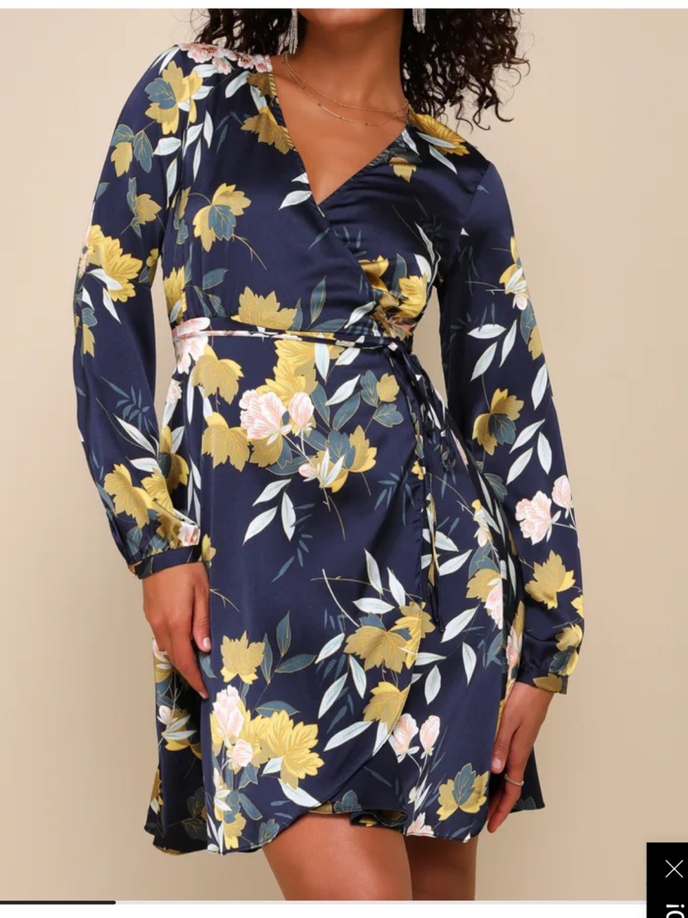 Women’s lulus navy and gold floral satin wrap dress size medium